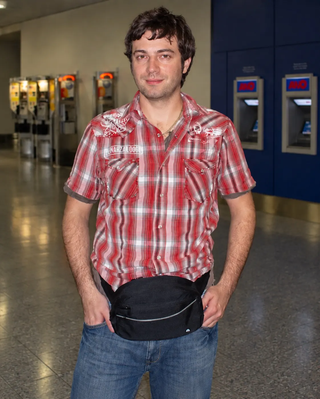 Tom at the airport before leaving the UK