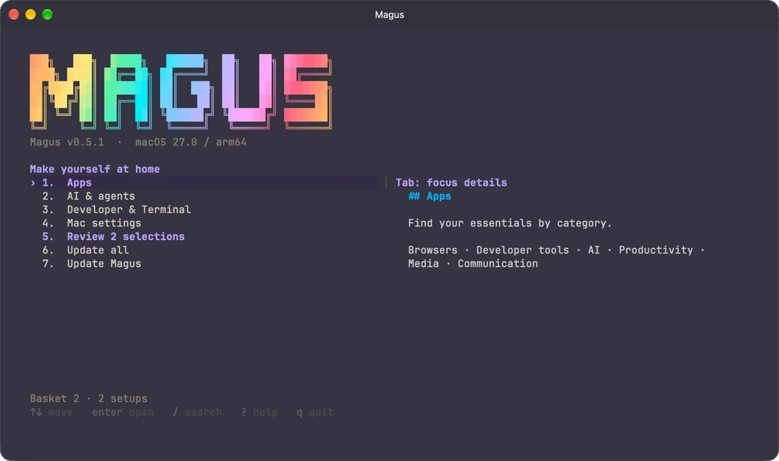 The magus home screen on a Mac, with a pixel-art logo and a menu of apps, AI tools and Mac settings