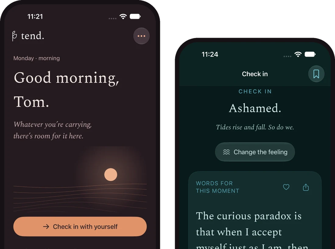 Tend on iPhone: the morning home screen and a check-in with words for the moment